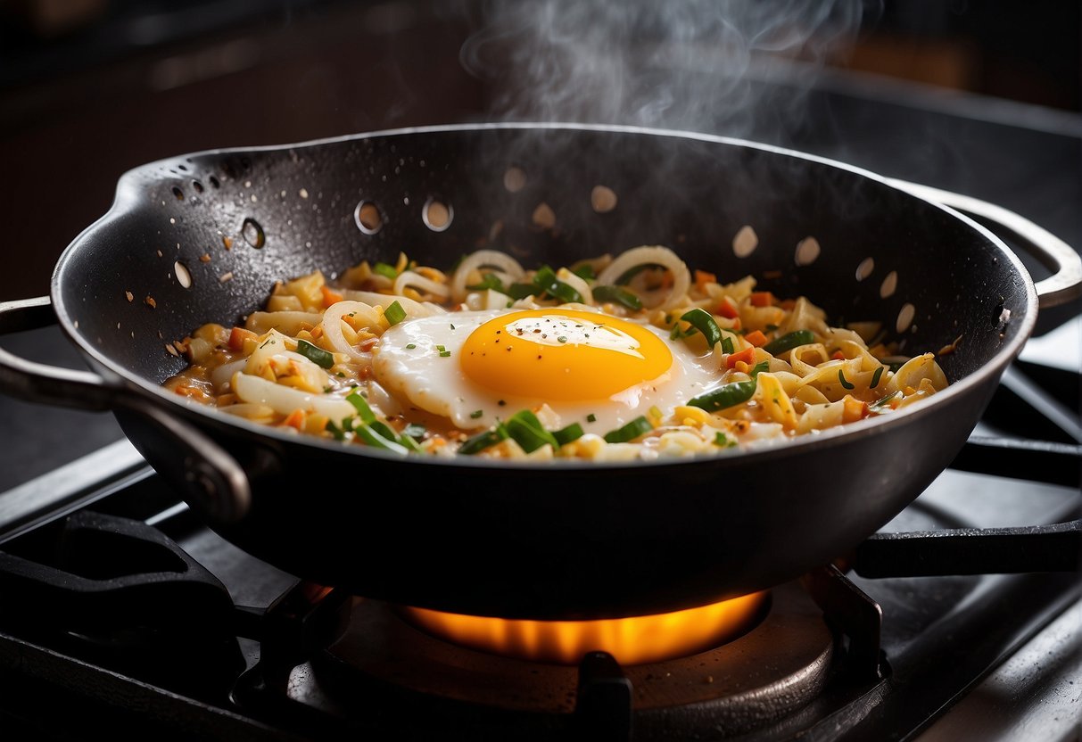 A wok sizzles as onions are sautéed. Eggs are beaten and poured into the pan, creating a fluffy omelette. Chinese spices and seasonings are sprinkled on top