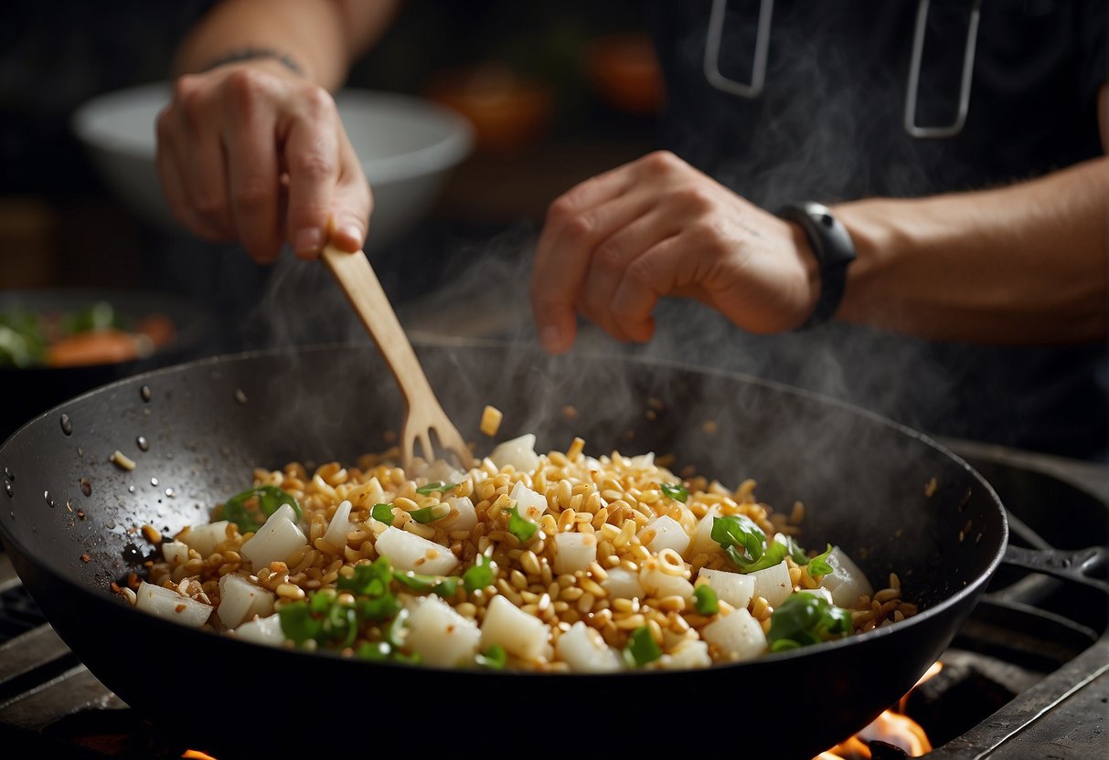 Chopped onions sizzle in a hot wok with garlic and ginger, while a chef adds soy sauce and sugar to create a savory Chinese dish