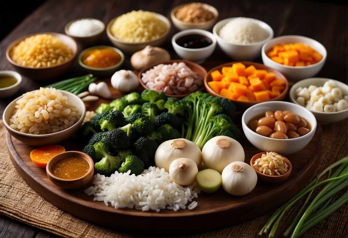 A table filled with various ingredients: glutinous rice, soy sauce, ginger, garlic, scallions, and various meats and vegetables