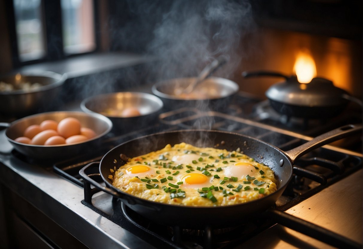 An onion omelette being cooked in a Chinese kitchen, with fresh eggs, diced onions, and a sizzling hot pan