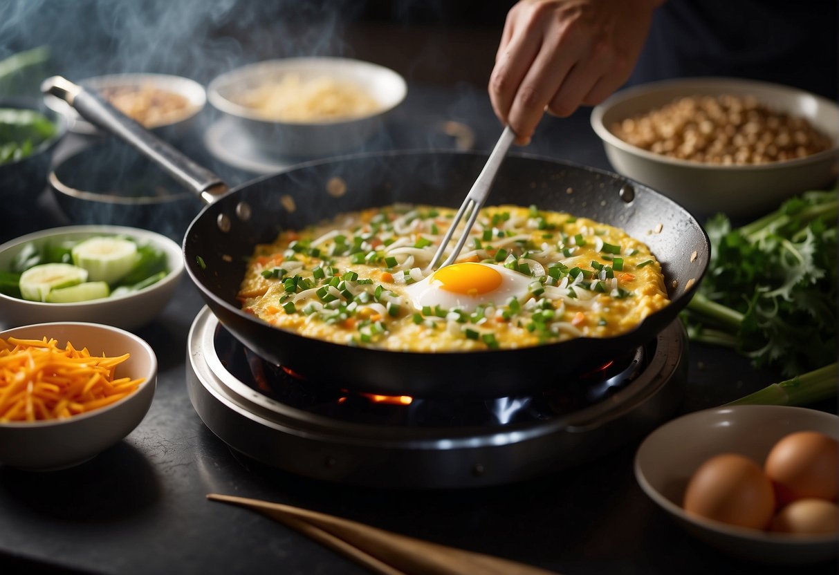 Onion omelette sizzling in a hot wok, surrounded by chopped vegetables and eggs being stirred in