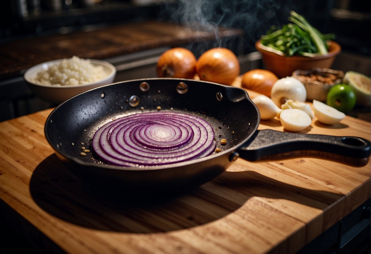 Sautéing onions in a wok over high heat. Chopping board with sliced onions. Cleaver and wooden spatula on the counter