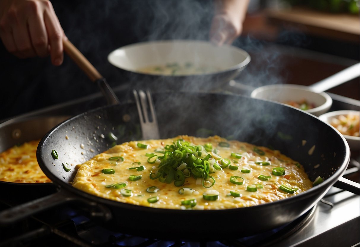 A sizzling onion omelette is being cooked in a Chinese kitchen, with a wok and spatula in action. Green onions and eggs are being expertly mixed together