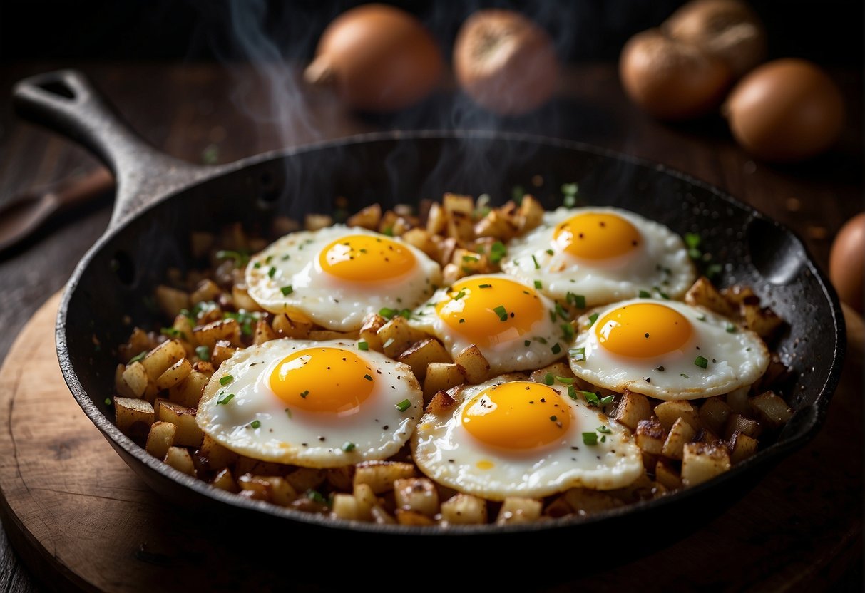 A sizzling hot skillet with chopped onions and beaten eggs, seasoned with soy sauce and pepper, cooking to perfection