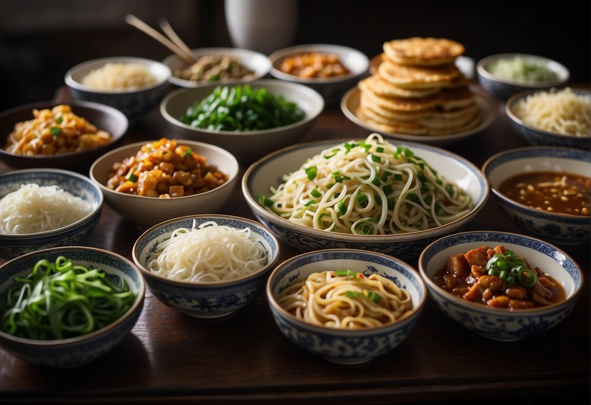 A table filled with various Chinese onion dishes, including scallion pancakes, green onion noodles, and stir-fried scallions