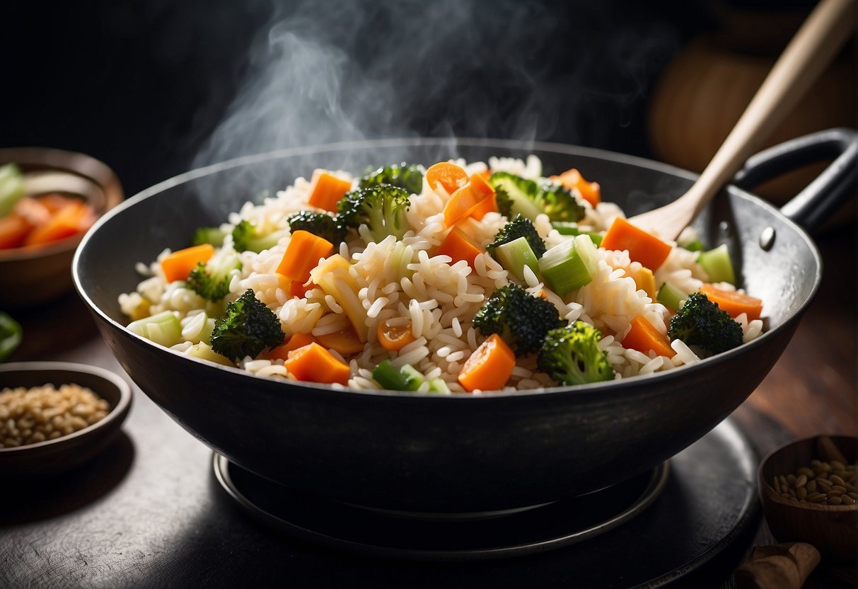 Stir-frying Chinese glutinous rice with vegetables and seasoning in a wok over high heat
