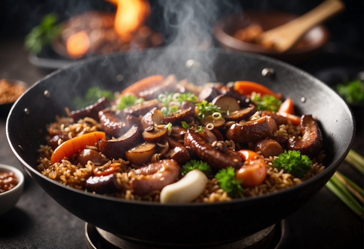 A wok sizzles as glutinous rice, Chinese sausages, mushrooms, and soy sauce are mixed together, creating a fragrant and savory aroma