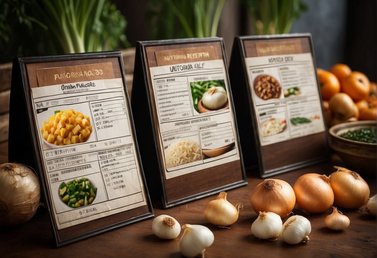 A table displays various Chinese onion recipes with labeled nutritional information