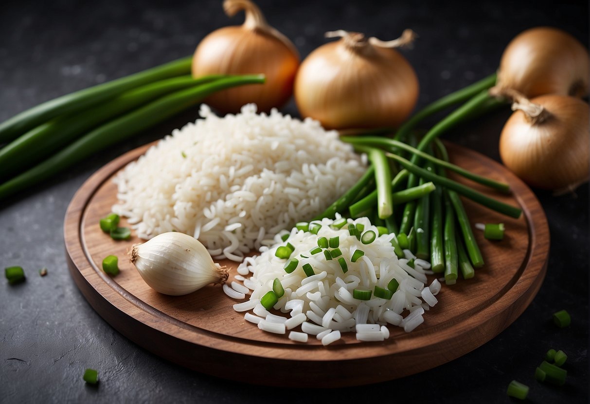 Chop onions on cutting board, stir-fry in wok. Garnish with green onions. Serve with rice