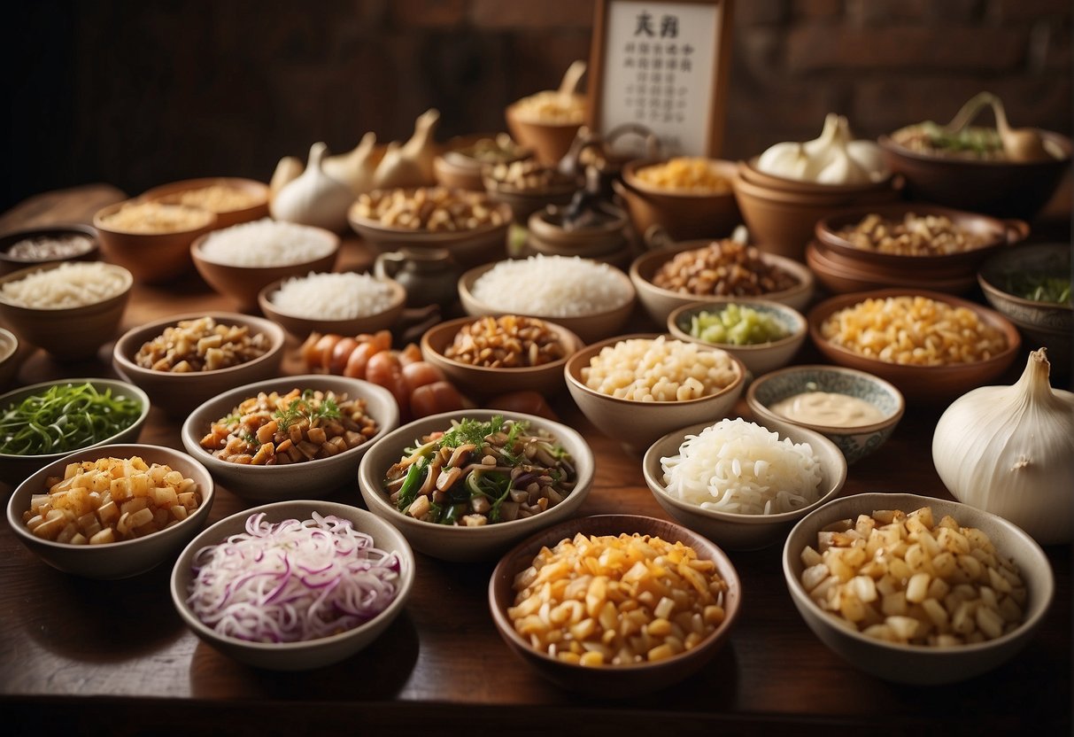 A table covered in various Chinese onion dishes with a sign reading "Frequently Asked Questions: Onion Recipes" displayed prominently