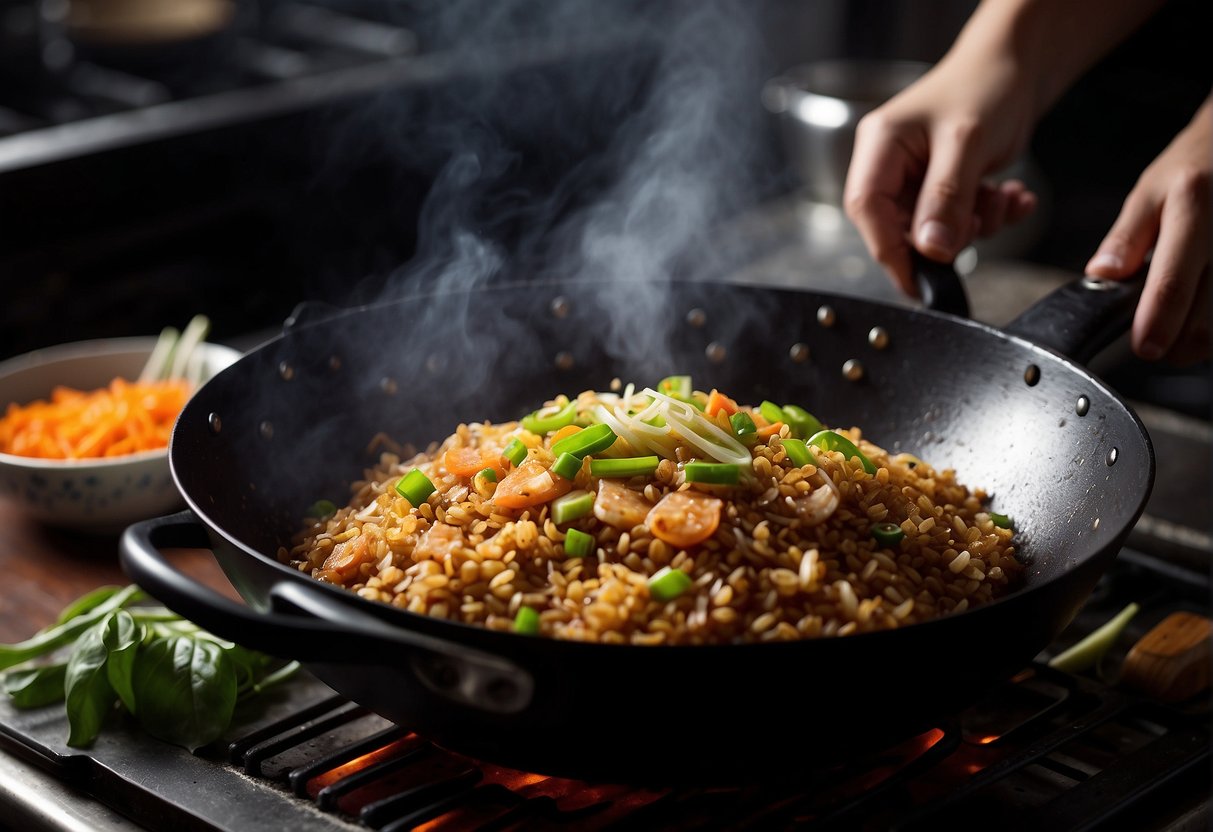 A wok sizzles with sticky glutinous rice, mixed with savory soy sauce and fragrant Chinese spices, as steam rises and fills the kitchen