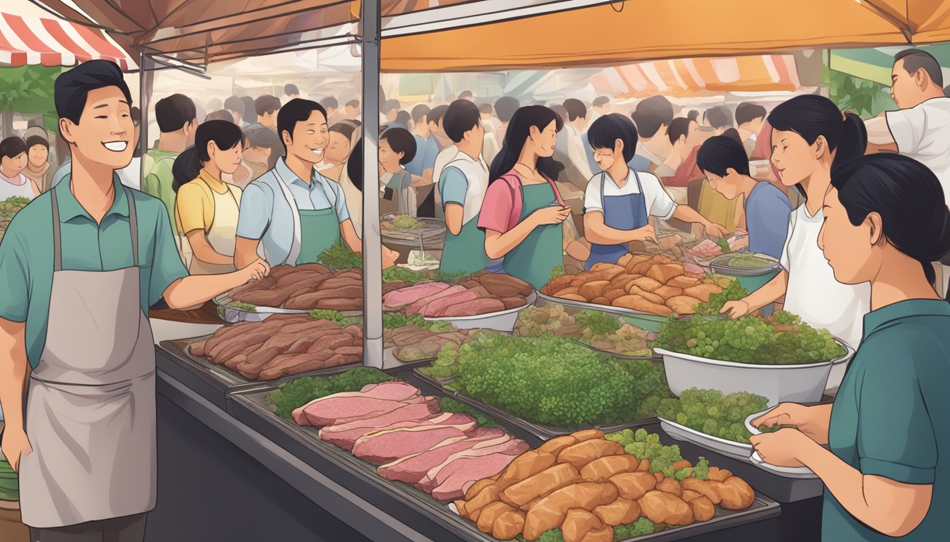 A bustling market stall displays succulent roast beef, surrounded by eager customers in Singapore
