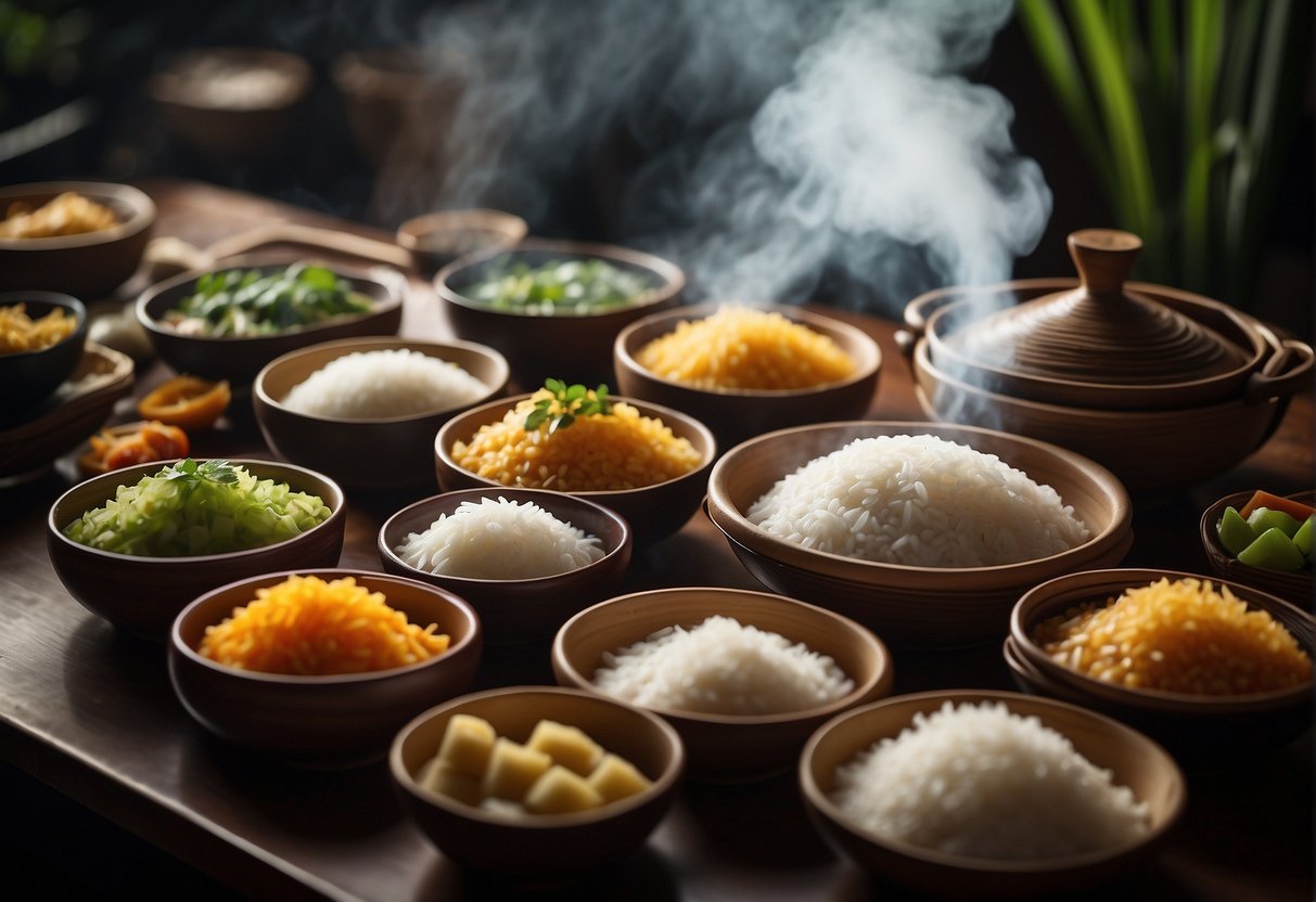 A table set with steaming bamboo baskets of sticky rice, colorful ingredients, and elegant serving dishes