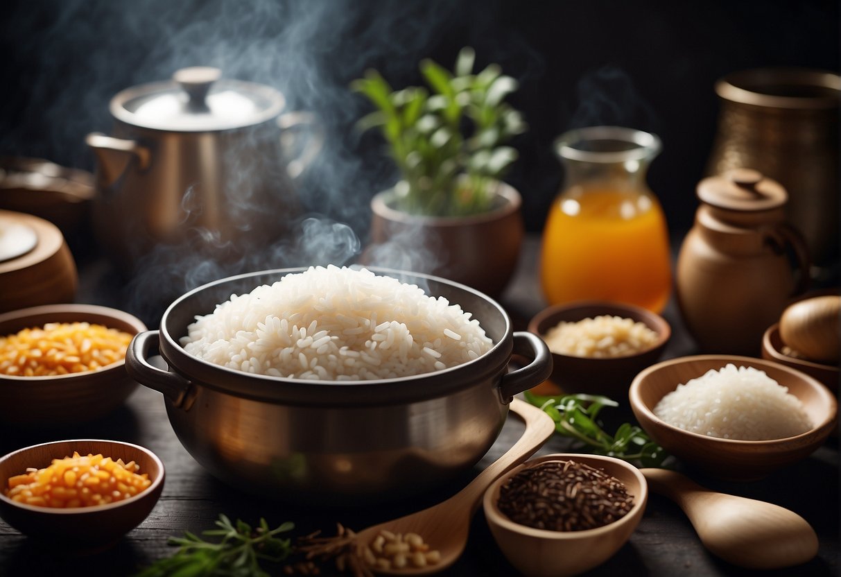 A steaming pot of Chinese glutinous rice surrounded by various ingredients and cooking utensils