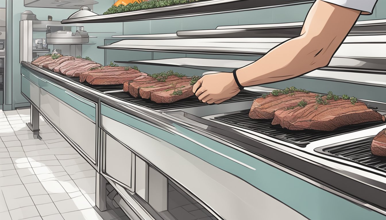 A hand reaches for a succulent roast beef displayed on a clean, white butcher's counter. A sign above indicates the meat's quality and origin