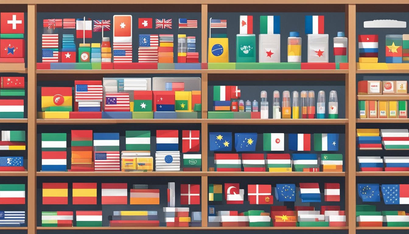 A display of country flag erasers in a stationery store in Singapore. Flags neatly arranged on shelves with price tags. Bright lighting and clean surroundings