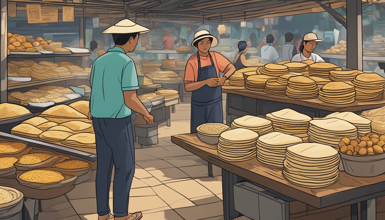 A bustling market stall displays stacks of fresh tortillas in Singapore. Customers browse the selection, while a vendor arranges the products