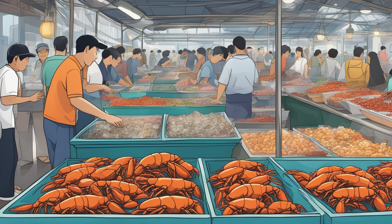 A bustling seafood market in Singapore displays fresh crawfish in ice-filled tanks. Customers browse and negotiate prices with vendors