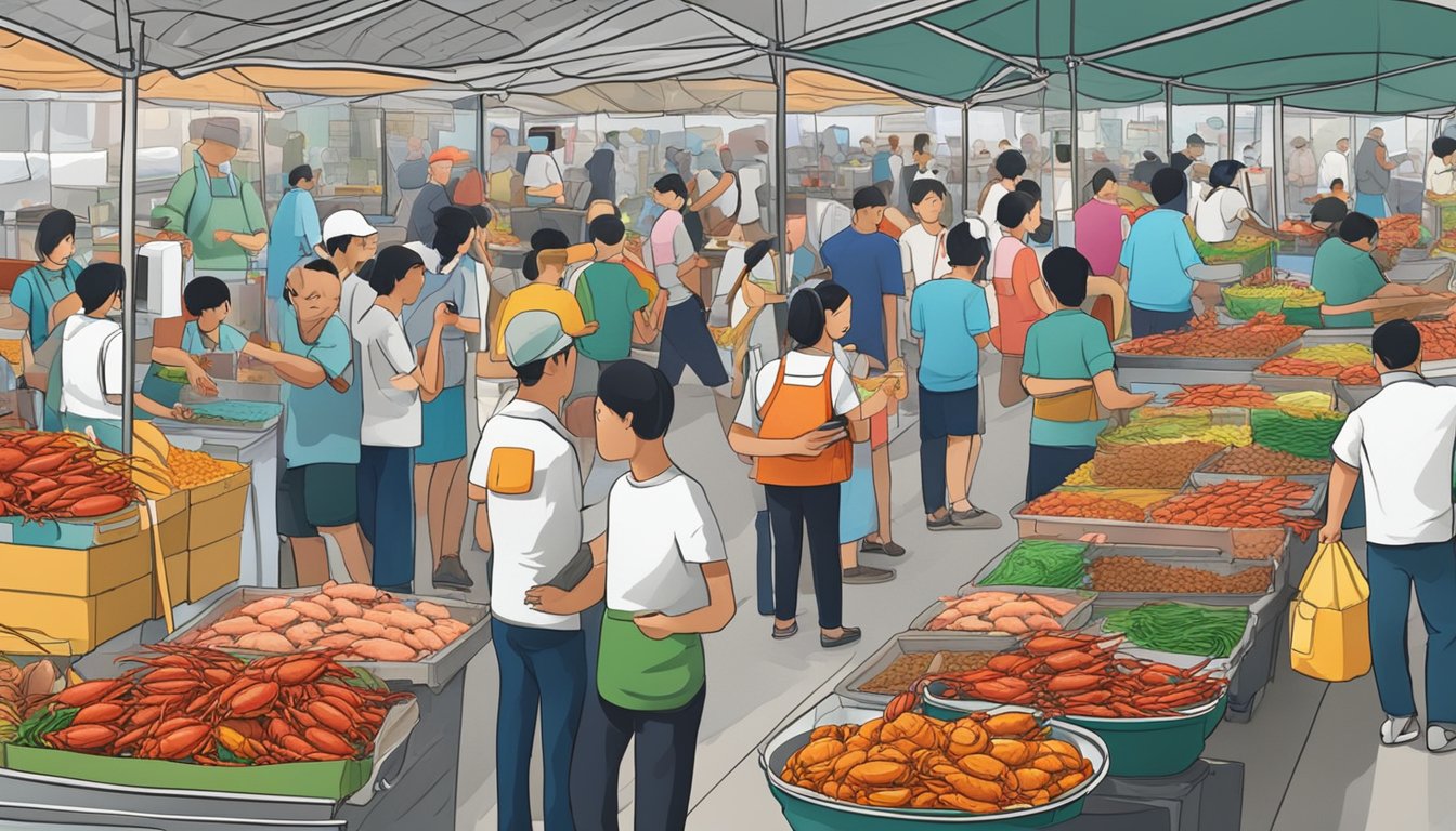 A bustling seafood market in Singapore, with colorful stalls selling fresh crawfish. Customers eagerly browse the selection, while vendors expertly prepare the crustaceans for purchase