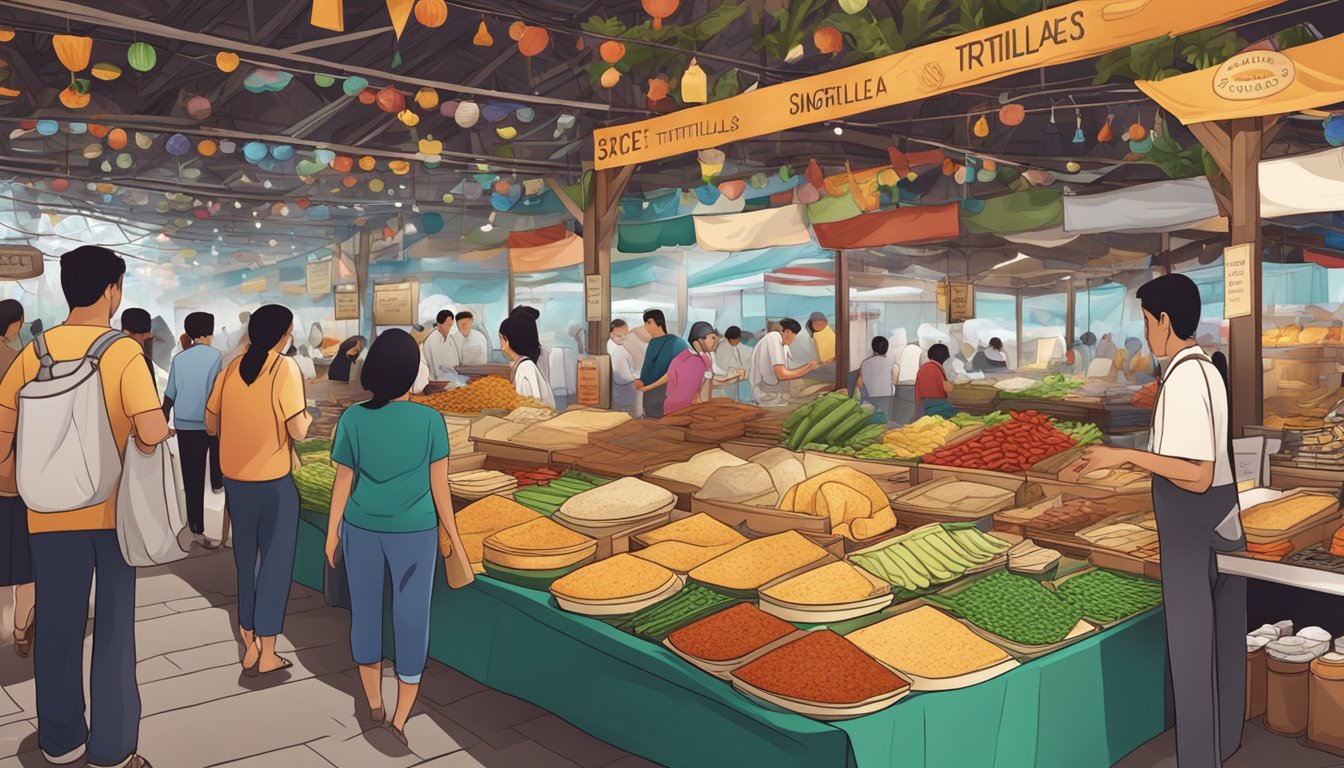A bustling marketplace with colorful stalls selling fresh tortillas, nestled among exotic spices and vibrant produce in Singapore