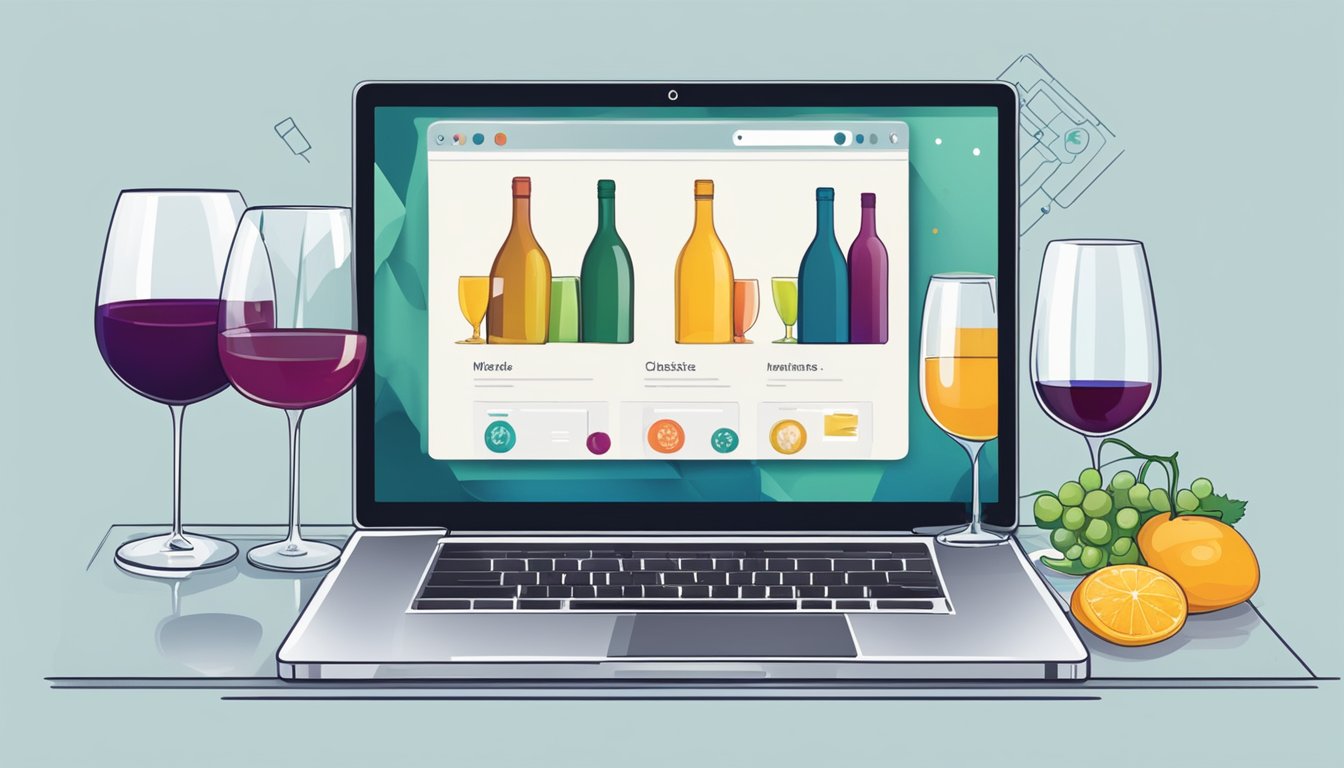 A laptop displaying a website with various wine glasses. A hand cursor clicks on a glass to add to cart