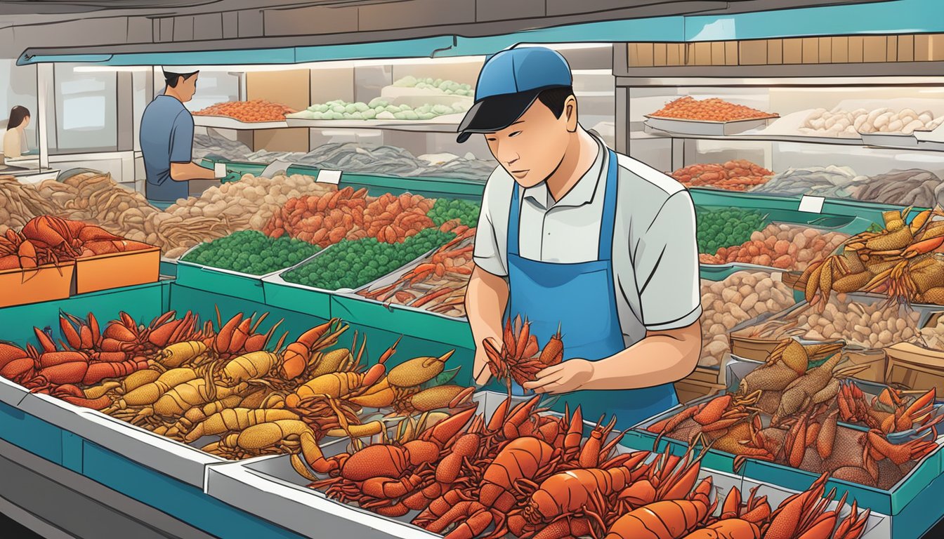 A customer carefully selects fresh, vibrant crawfish from a display at a local seafood market in Singapore