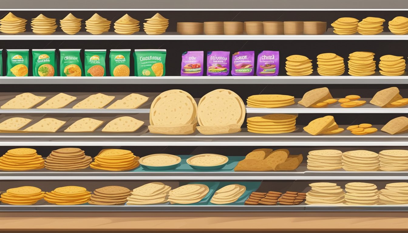 A variety of tortillas displayed on shelves in a grocery store in Singapore, with different types and sizes available for customers to choose from