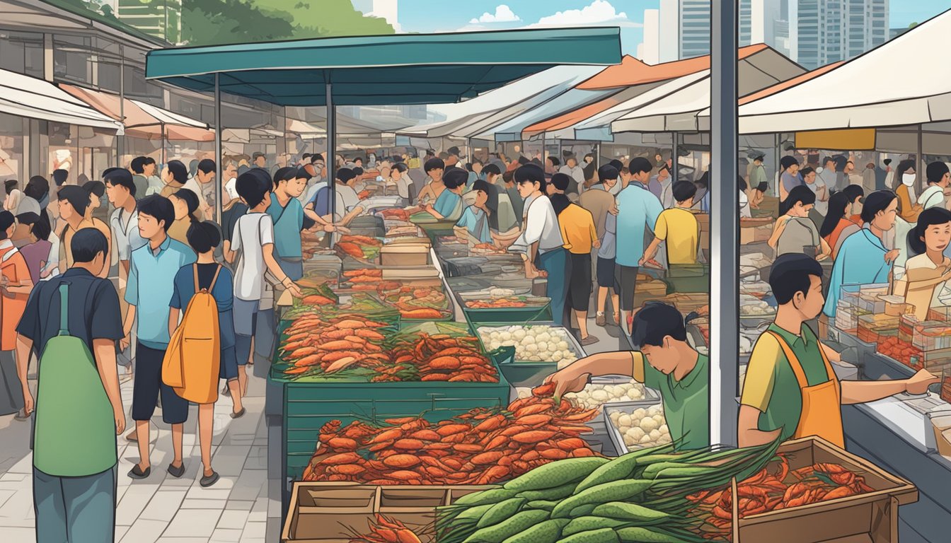 A bustling market stall in Singapore, with a sign advertising "Crawfish for Sale" and a crowd of customers eagerly purchasing the fresh seafood