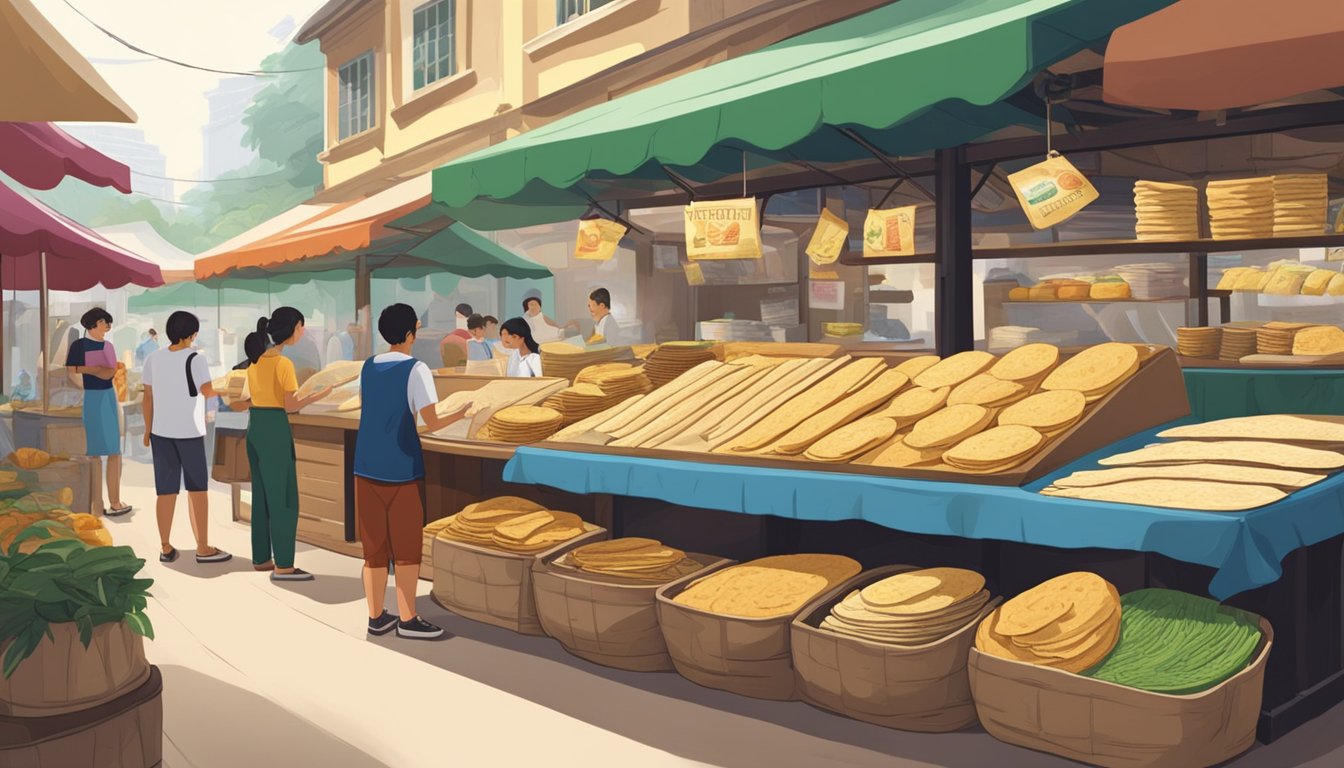 A bustling market stall displays various brands of tortillas in Singapore. Customers inquire about the products, while the vendor answers their questions