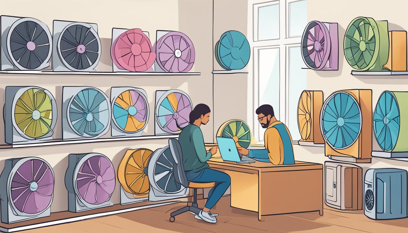 A person browsing a variety of wall fans online, comparing different styles, sizes, and features before making a purchase
