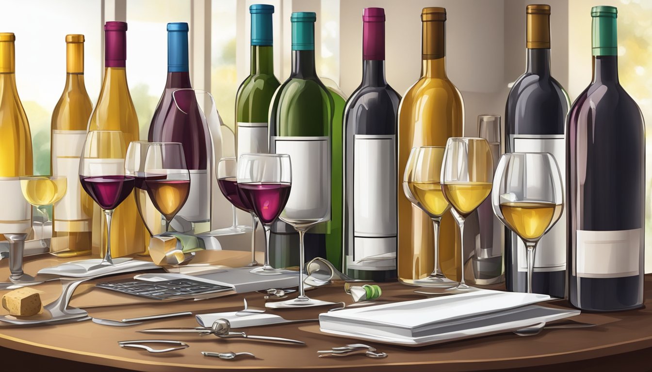 A table set with elegant wine glasses, surrounded by bottles and a corkscrew. Online shopping website open on a laptop screen in the background