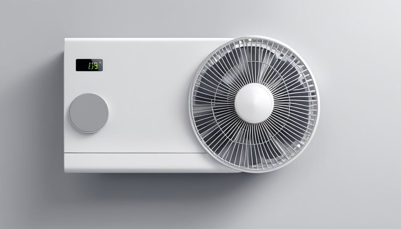 A modern wall fan mounted on a clean, white wall. The fan is sleek and innovative, with a digital display and adjustable settings