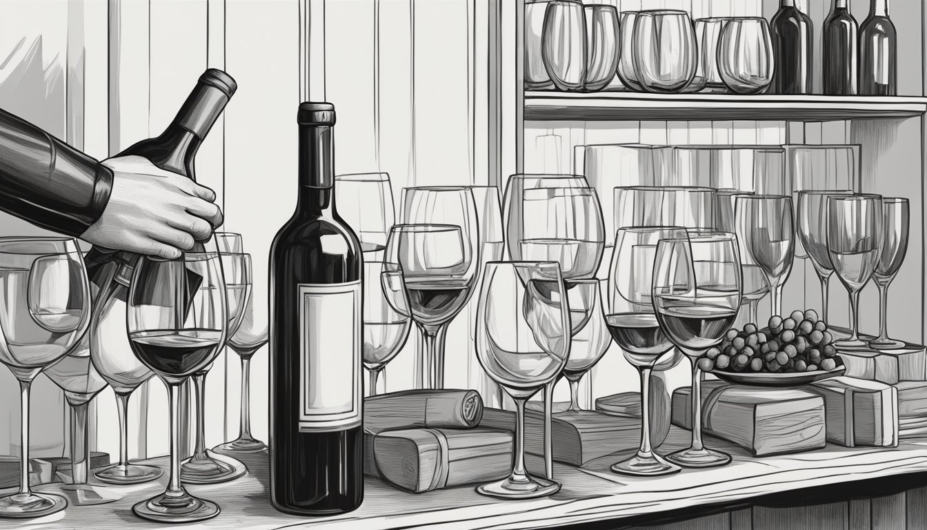 A hand reaches for a wine glass from a shelf, surrounded by other glasses. A soft cloth and a bottle of wine sit nearby, ready for use