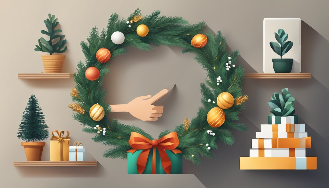 A hand reaches out to select a wreath from an online store, surrounded by various options and festive decorations