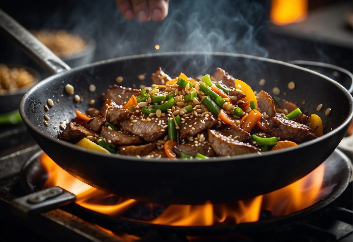 A chef stir-fries Chinese goose with ginger, garlic, and soy sauce in a sizzling wok over a high flame. Green onions and sesame seeds are sprinkled on top for garnish