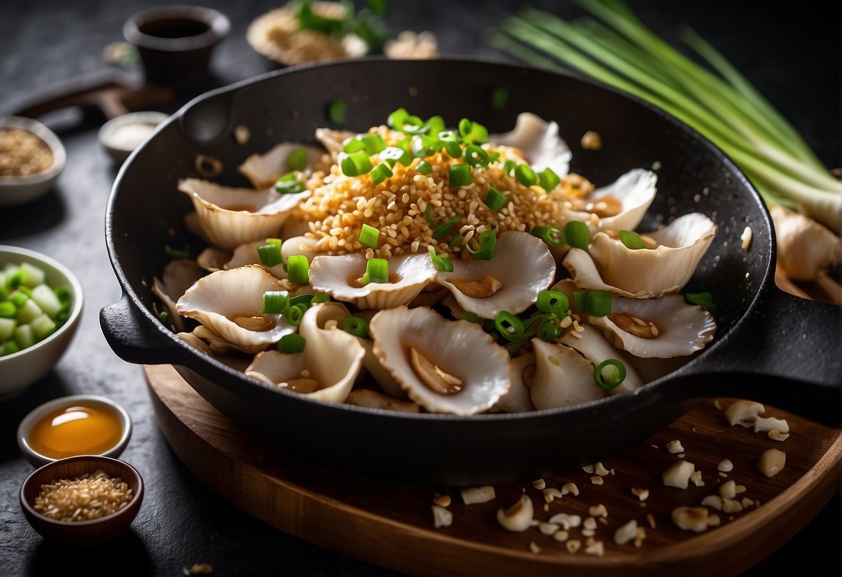 Sliced oyster mushrooms sizzle in a wok with ginger, garlic, and soy sauce. Green onions and sesame seeds garnish the dish