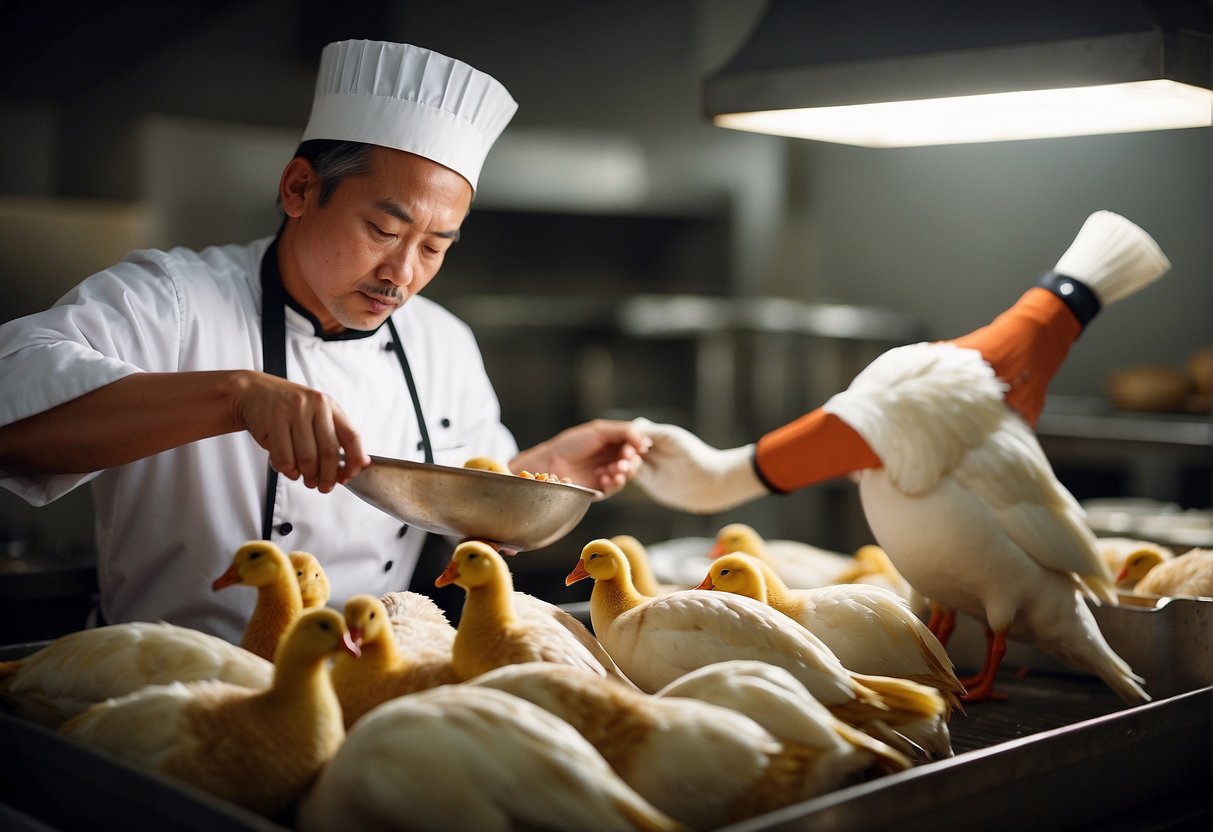 A chef carefully selects a plump goose from a flock, examining its size and quality for a traditional Chinese recipe