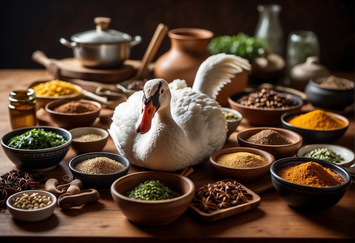 A table set with a whole goose, various Chinese spices, and cooking utensils. Ingredients are neatly arranged, ready for the chef to begin the cooking process