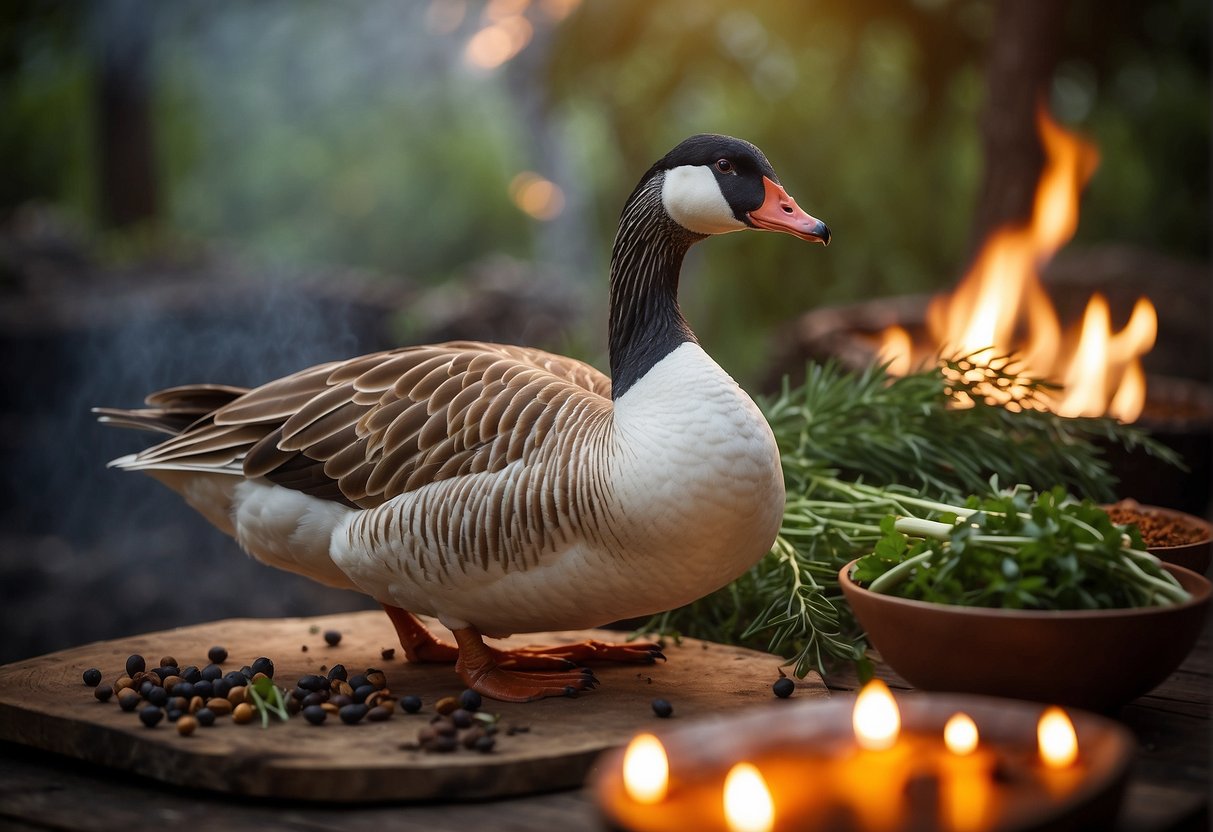 A whole goose turning on a spit over an open flame, surrounded by aromatic herbs and spices