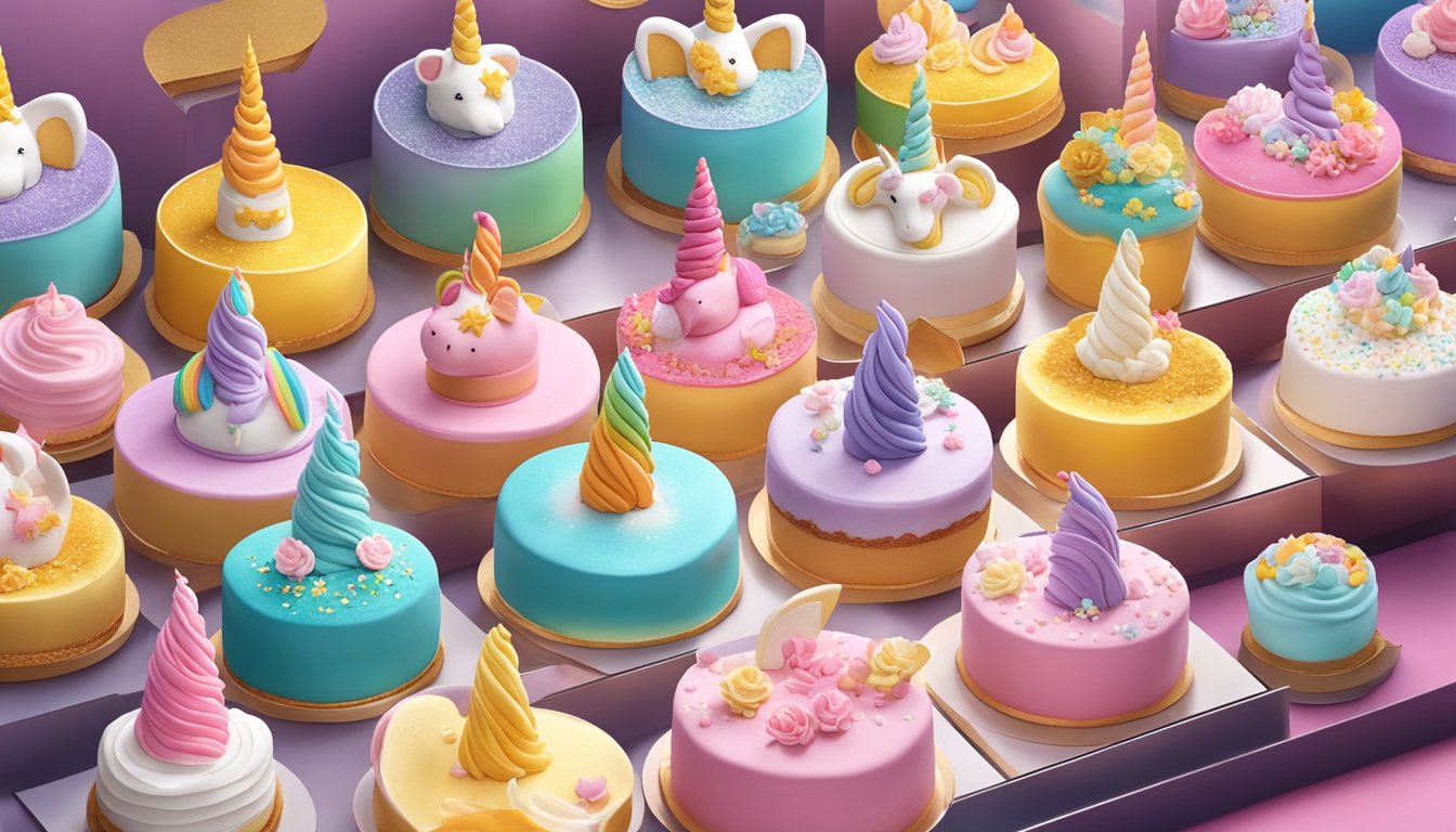 A colorful display of unicorn-themed cakes at a bakery in Singapore. Different varieties and flavors are showcased, enticing customers to indulge in the magical dessert