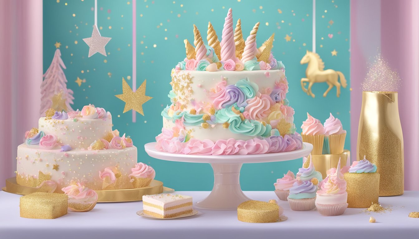 A bakery display showcases a vibrant unicorn cake with pastel-colored frosting, edible glitter, and a golden horn. The cake is surrounded by whimsical decorations and is labeled "Dream Unicorn Cake" for sale