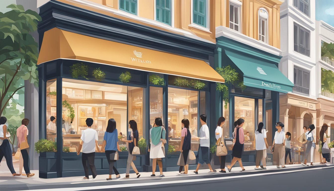 A bustling street in Singapore, with a prominent storefront displaying Daniel Wellington watches. The vibrant cityscape and diverse passersby add to the lively atmosphere