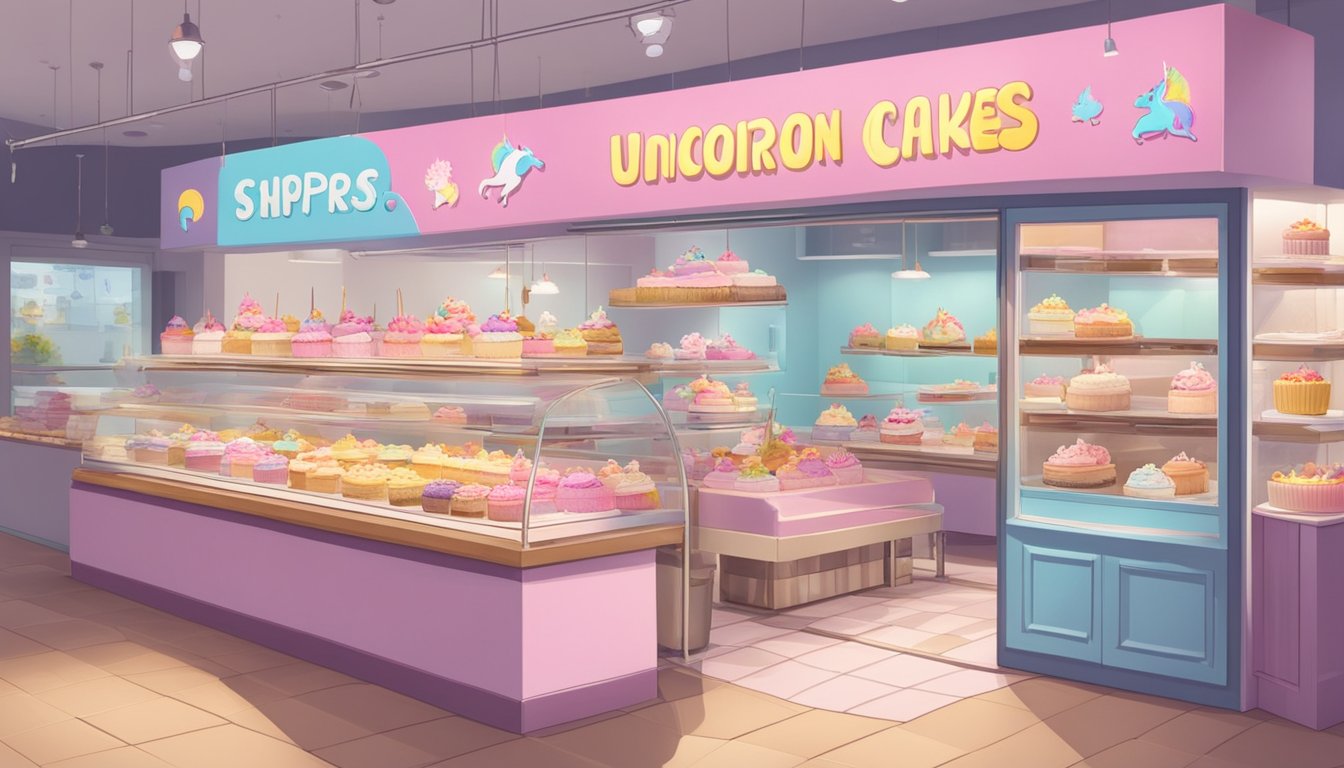 A display of unicorn cakes at a bakery in Singapore, with a sign reading "Frequently Asked Questions: Where to buy unicorn cake Singapore."