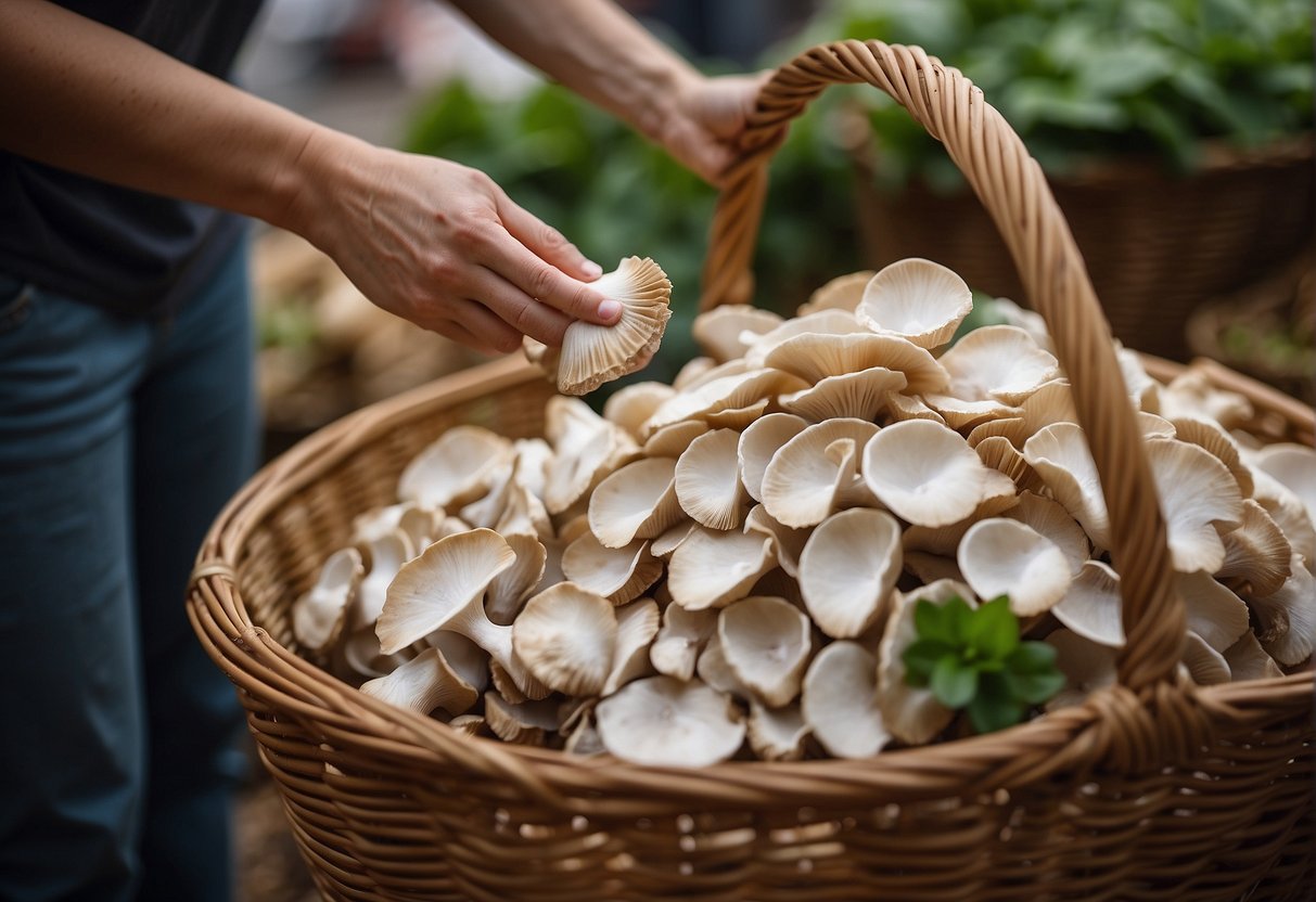 A hand reaches for plump oyster mushrooms in a market basket, carefully selecting the best ones for a Chinese oyster mushroom recipe