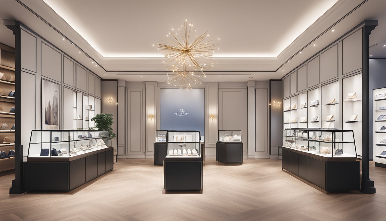 A display of Daniel Wellington watches in a sleek Singaporean boutique, with elegant lighting and minimalist decor