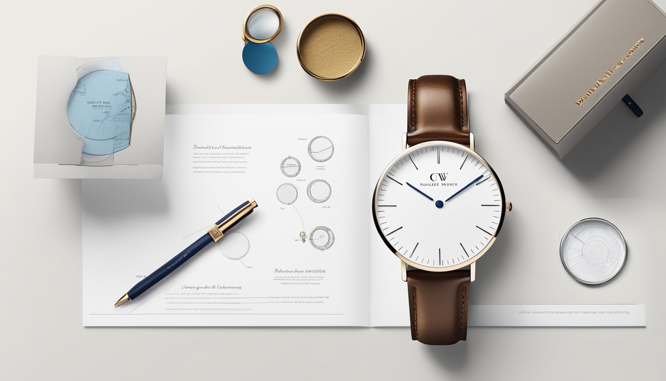 A Daniel Wellington watch displayed on a clean, white surface with a magnifying glass next to it. A small booklet with care instructions sits nearby