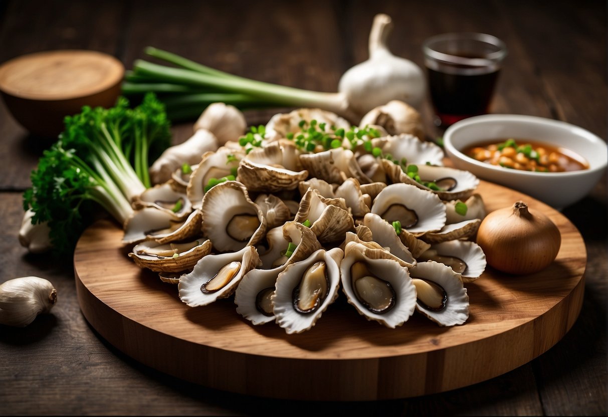 Fresh oyster mushrooms, soy sauce, garlic, ginger, and green onions arranged on a wooden cutting board. A wok sizzles in the background