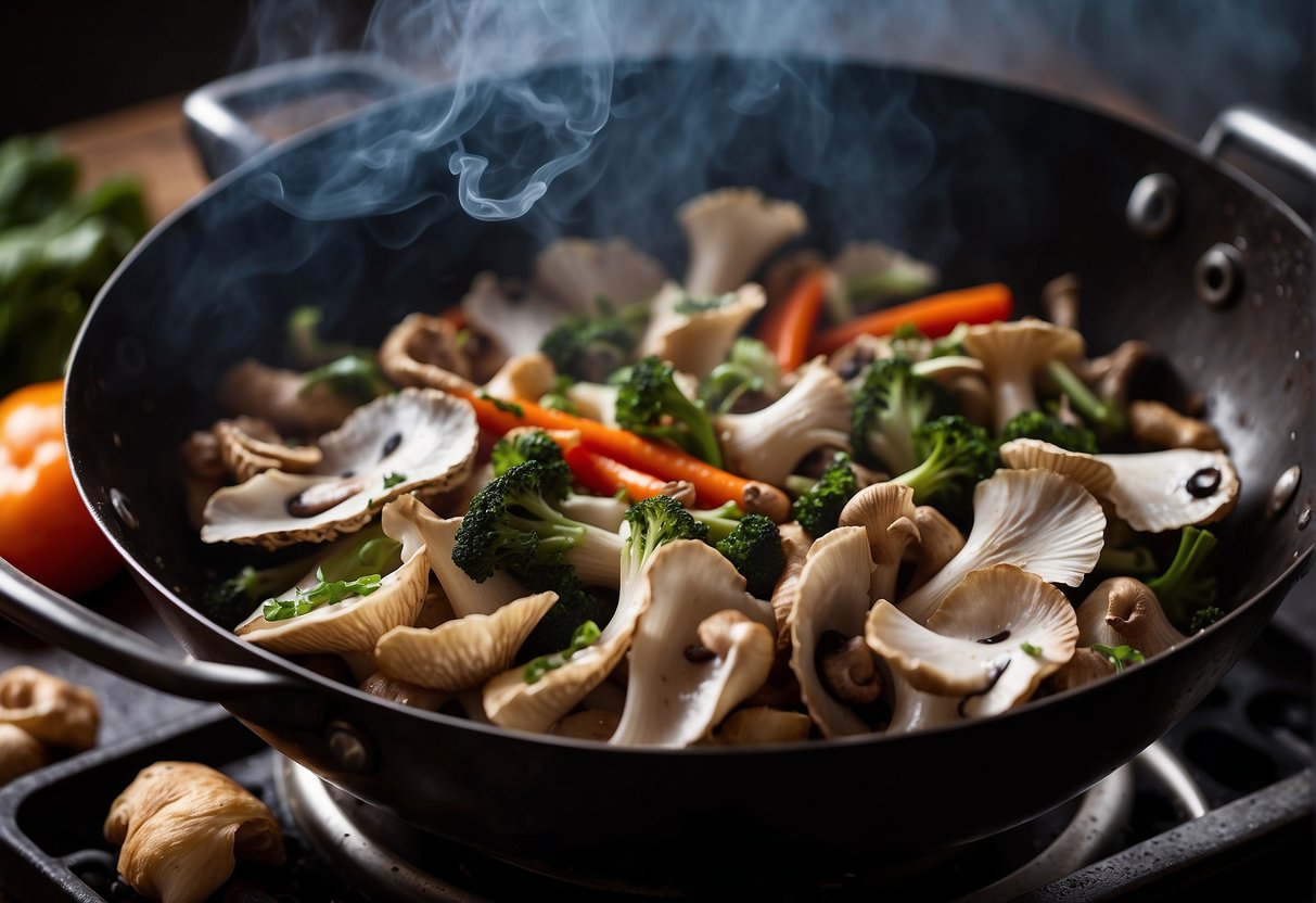 Oyster mushrooms sizzle in a hot wok, surrounded by vibrant vegetables and aromatic spices. The steam rises as the ingredients are expertly tossed and cooked to perfection in a traditional Chinese stir-fry