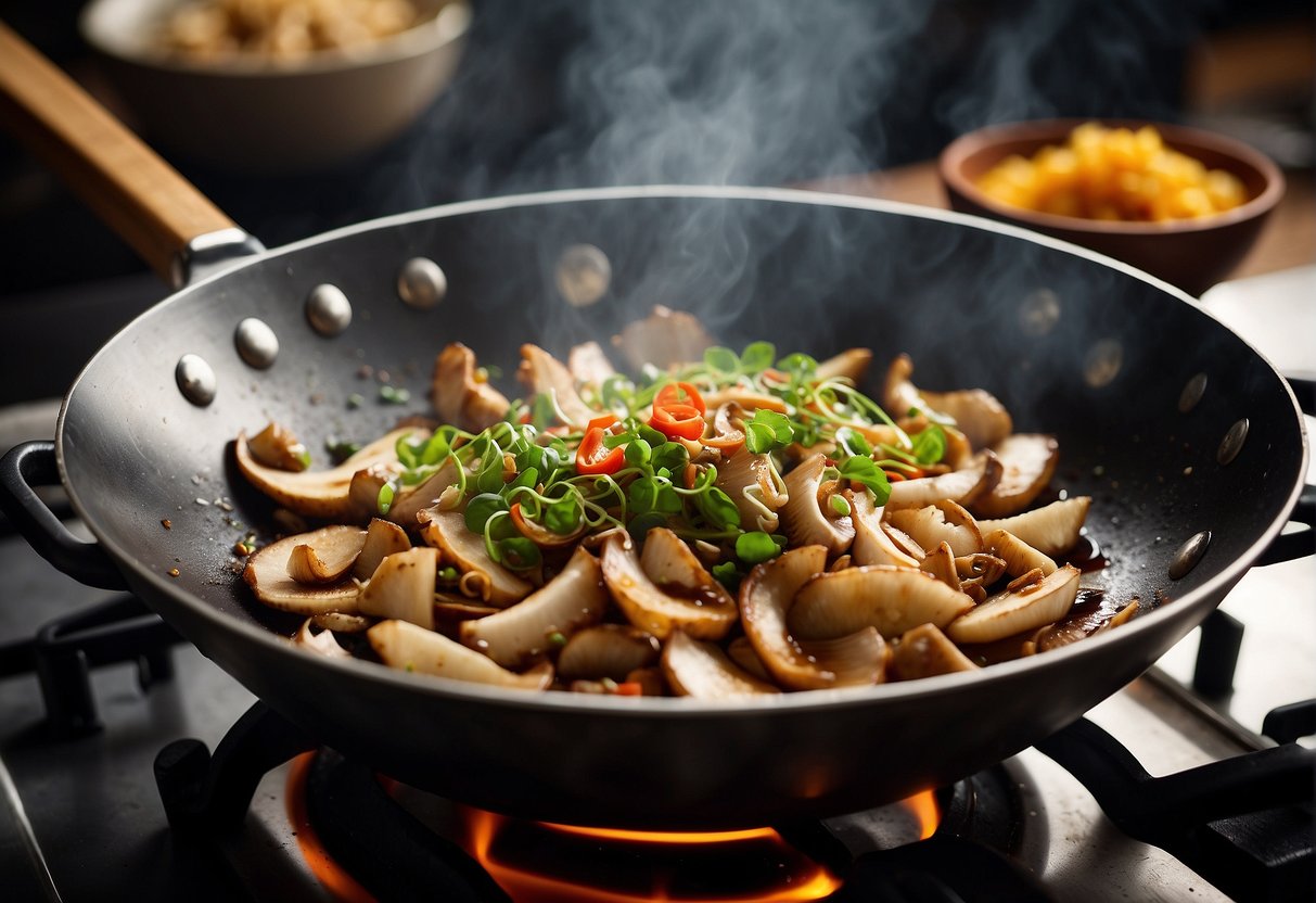 A wok sizzles as oyster mushrooms are stir-fried with garlic, ginger, and soy sauce. Steam rises, filling the kitchen with savory aromas