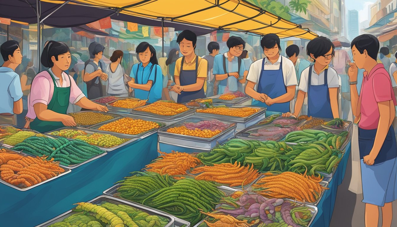 Centipedes for sale at a bustling market stall in Singapore. Brightly colored signs advertise the exotic creatures, while curious onlookers examine the wriggling creatures in glass containers